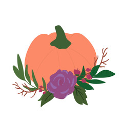 Pumpkin and flowers bouquet. Thanksgiving design template. Hello autumn illustration.Hand drawn. Vector illustration