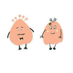 Doodle Set Hand drawn vector illustration of cute funny colourful  smiling monsters. Isolated objects on white background with polka dots. Design concept for children print, fabric,  kids invitation.