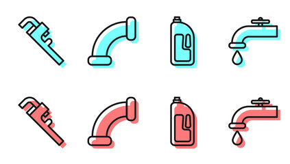 Set line Container with drain cleaner, Pipe adjustable wrench, Industry metallic pipe and Water tap icon. Vector.
