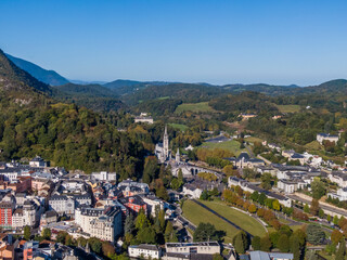 Aerial view of the Lourdes and Sanctuary of Our Lady, France