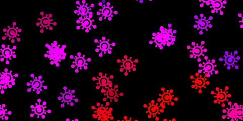 Dark pink, red vector background with covid-19 symbols.