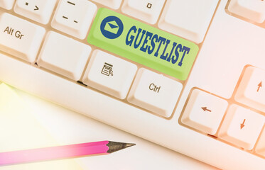 Text sign showing Guestlist. Business photo showcasing list of the individuals invited to a...