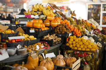 Big choice of fresh FRUITS and VEGETABLES on farmers market. Various colorful fresh fruits and vegetables. Fresh and organic vegetables at farmers market. VEGAN FOR. VEGAN Concept.