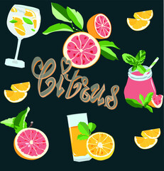Citrus  drinks with citrus fruits on dark backgraund
