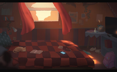 Sunny Bedroom, Quarantine and Sleeping Cat Illustration Concept, Cartoon Style Background