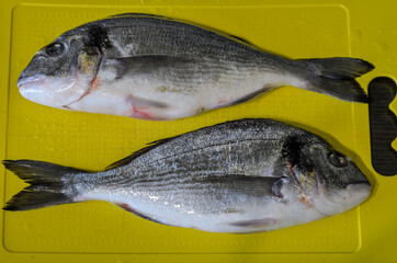 Two raw dorado fish on a cutting board