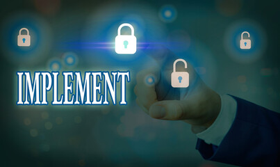 Handwriting text writing Implement. Conceptual photo give practical effect to specific steps to ensure real attainment Graphics padlock for web data information security application system