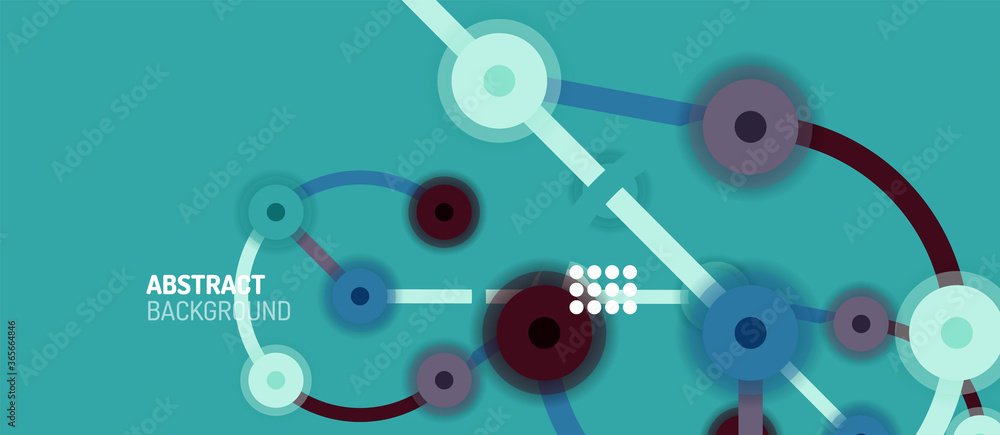 Poster flat style geometric abstract background, round dots or circle connections on color background. tech