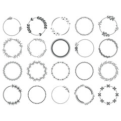 Set Black Line Doodle Round Floral Frame Leaves Elements Vector