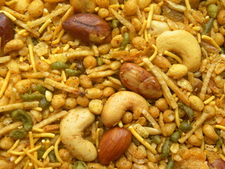 Indian spicy snack Namkeen mixture with fried cashews and almonds