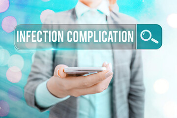Text sign showing Infection Complication. Business photo showcasing unwanted reaction resulted from...