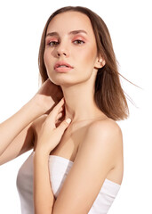 Sensual pretty woman with beautiful short brown hairs on wind, posing isolated on white. Close portrait of a girl with natural makeup.