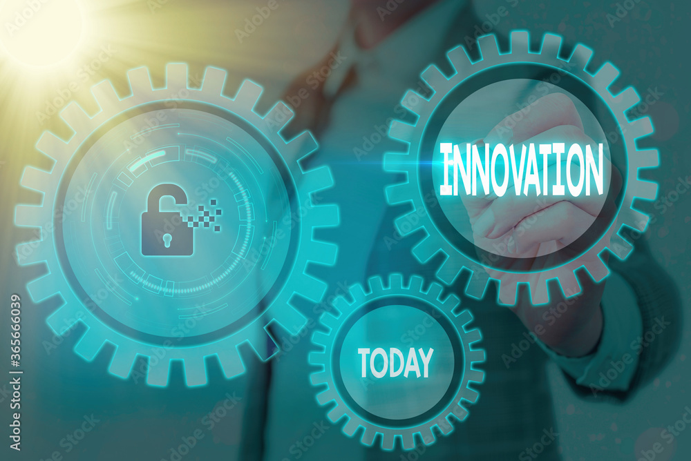 Poster Writing note showing Innovation. Business concept for new idea creative ideas fresh imaginations in the tool form process Graphics padlock for web data information security application system