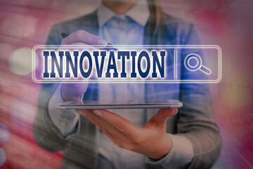 Writing note showing Innovation. Business concept for new idea creative ideas fresh imaginations in the tool form process Web search digital information futuristic technology network connection