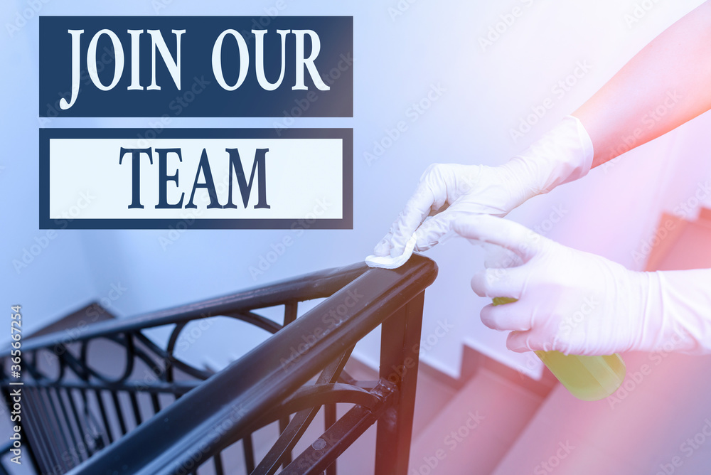 Poster writing note showing join our team. business concept for inviting someone into your local company or