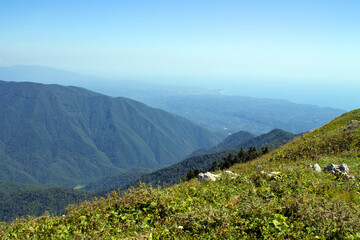 Summer landscape in the mountains and dark blue sky with clouds