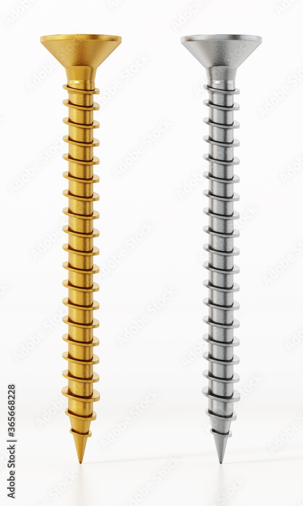 Wall mural brass and concrete wood screws isolated on white background. 3d illustration