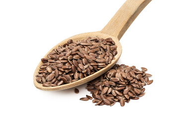 Close up of linseed or flax seeds on a wooden spoon with a pile next to it seen from the front and isolated on white background