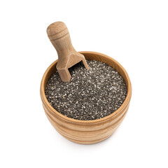 Wooden bowl with chia seeds and a scoop in left side in a slanted view from above and isolated on white background