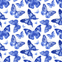 Fototapeta premium Blue butterflies seamless pattern on a white background, watercolor print for fabric, wrapping paper, wallpaper and other designs.