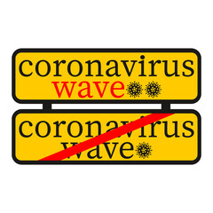 Obraz premium Coronavirus end first wave and begin second wave. Warning in a rectangular sign about coronavirus. Epidemic and pandemic symbol. Bacterial infection warning sign. Vector illustration.