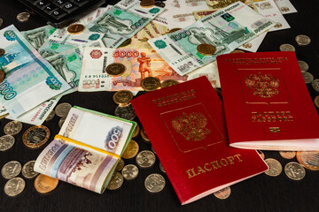 inscription passport russian money coins and paper rubles lying on the table