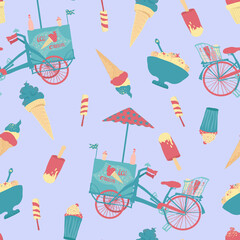 Cute summer vector seamless pattern with ice cream bike and different kinds of ice cream in trendy colors. Summertime fun
