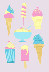Popsicle and ice cream in bowl, cones, glass and waffle cup vector isolated illustration set  