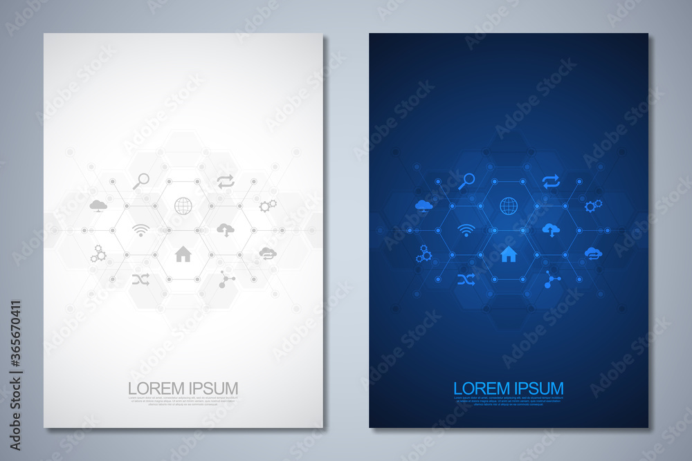 Poster template brochure or cover book, page layout, flyer design with technological background and flat ic