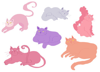 Pastel cats with different expressions vector illustration set isolated on white background