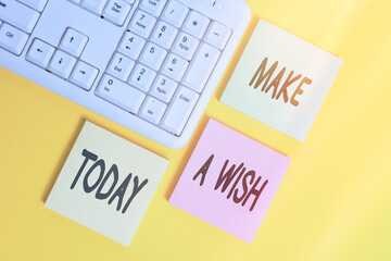 Handwriting text Make A Wish. Conceptual photo to desire a situation that is different from the one that exists Colored empty papers with copy space on the yellow background table with pc keyboard