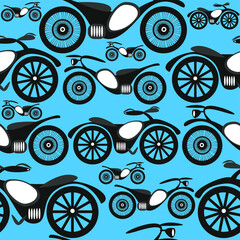 Seamless vector pattern of sports motorcycles on a blue background.  - 365671452