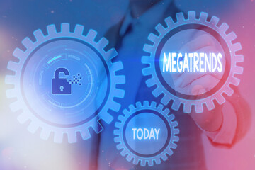 Writing note showing Megatrends. Business concept for global patterns related to behavior mobility and environment Graphics padlock for web data information security application system