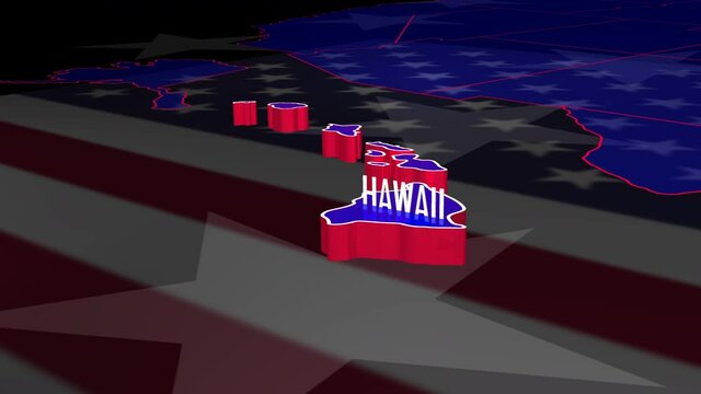 Graphic fly into Hawaii on colorful animated map of the United States of America.