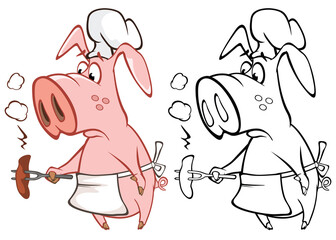 Vector Illustration of a Cute Cartoon Character Pig for you Design and Computer Game. Coloring Book Outline Set 