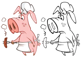 Raamstickers Vectorillustratie van een Cute Cartoon karakter varken voor je ontwerp en computerspel. Kleurboek overzichtsset © liusa