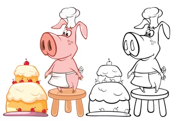 Zelfklevend Fotobehang Vectorillustratie van een Cute Cartoon karakter varken voor je ontwerp en computerspel. Kleurboek overzichtsset © liusa