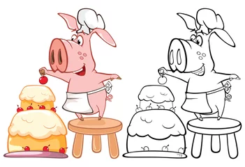 Gardinen Vektor-Illustration eines niedlichen Cartoon-Charakter-Schweins für Sie Design und Computerspiel. Malbuch-Umriss-Set © liusa