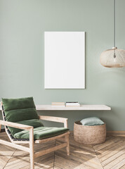 Frame mockup design in wooden green room, farmhouse style, 3d render