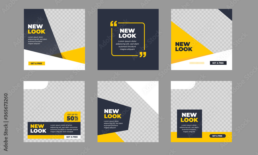 Wall mural set of editable square banner template. black and yellow background color with stripe line shape. su