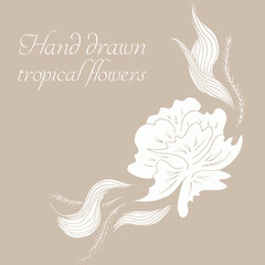 Vector silhouette of hand drawn tropical flowers. Floral illustration in sketch style. Summer background with tropical flowers for travel or t shirt. Isolated