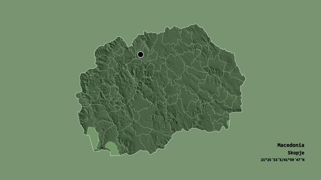 Staro Nagoričane, municipality of Macedonia, with its capital, localized, outlined and zoomed with informative overlays on a administrative map in the Stereographic projection. Animation 3D