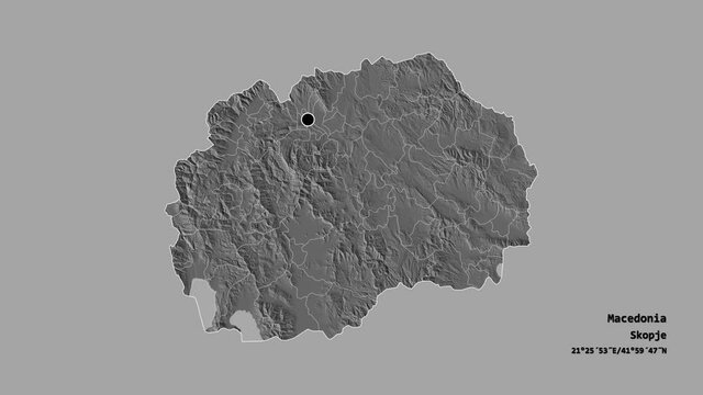 Staro Nagoričane, municipality of Macedonia, with its capital, localized, outlined and zoomed with informative overlays on a bilevel map in the Stereographic projection. Animation 3D