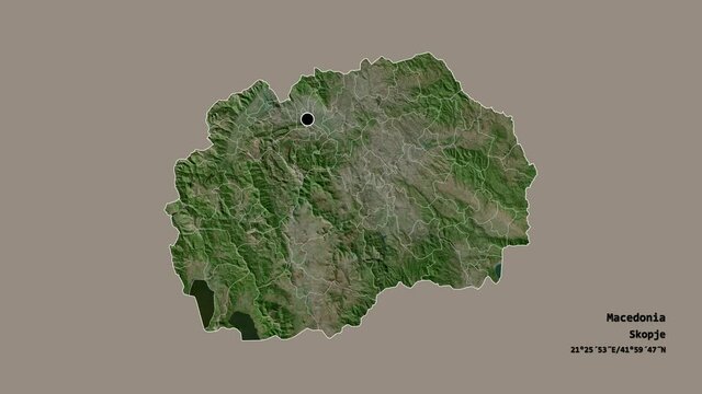 Staro Nagoričane, municipality of Macedonia, with its capital, localized, outlined and zoomed with informative overlays on a satellite map in the Stereographic projection. Animation 3D