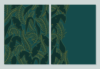 Invitation with yellow leaf pattern on green background. Yellow leaf texture
