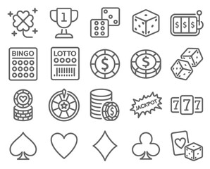 Lotto Casino icon set vector illustration. Contains such icon as Card game, Casino chip, Jackpot, Dice, Slot, Lucky draw and more. Expanded Stroke