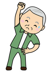 おじいさんポーズ01_04（少し困った顔で体操をするおじいさん）
