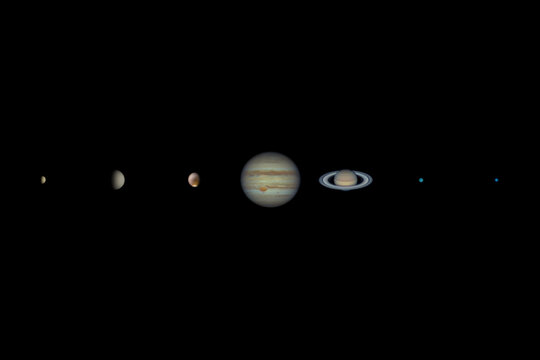 The seven extraterrestrial planets of the solar system: Mercury, Venus, Mars, Jupiter, Saturn, Uranus, Neptune. Photographed in 2020 with a Maksutov telescope from Mannheim and Ilvesheim in Germany.