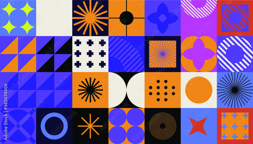 Poster modern geometric pattern with bold simple shapes in bauhaus and neo-memphis retrofuturistic style. t