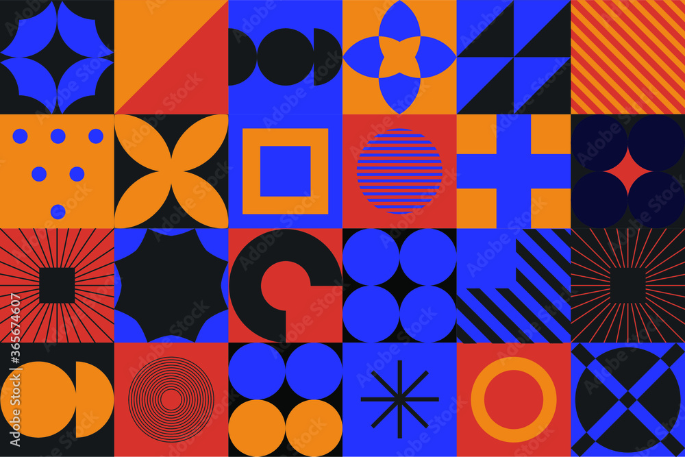 Poster Modern geometric pattern with bold simple shapes in Bauhaus and Neo-memphis retrofuturistic style. Trendy vivid fashion print with minimal composition.